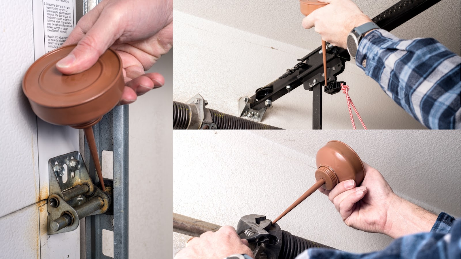 A homeowner lubricating different garage door parts