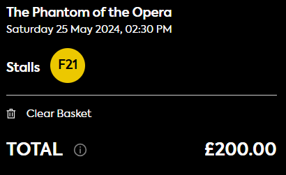 Tickets to Phantom of the Opera in London on Saturday 25th May 2024 priced at £200