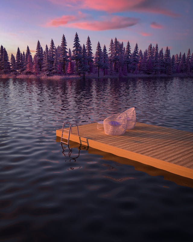 A 3d visualisation of two seats in front of a small low table on a wooden deck on a waterbody with a background of trees