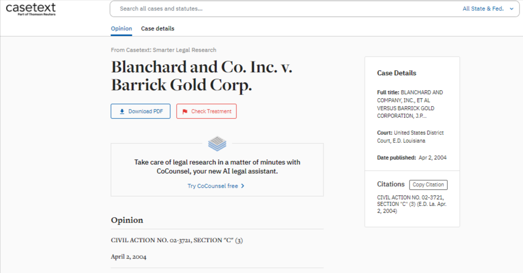 Blanchard Gold lawsuit against Barrick Gold Corp.