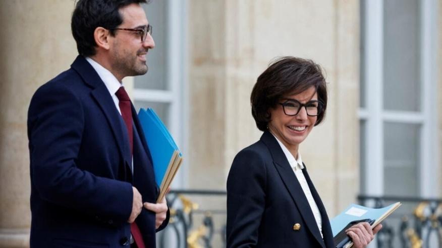 French Foreign and European Affairs Minister Stephane Sejourne and French Culture Minister Rachida Dati leave after the weekly cabinet meeting at the presidential Elysee Palace in Paris, on January 12