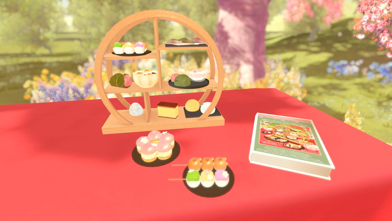 縁台の上には美味しそうな和菓子が並べられている。団子、桜餅、カステラなどなど。