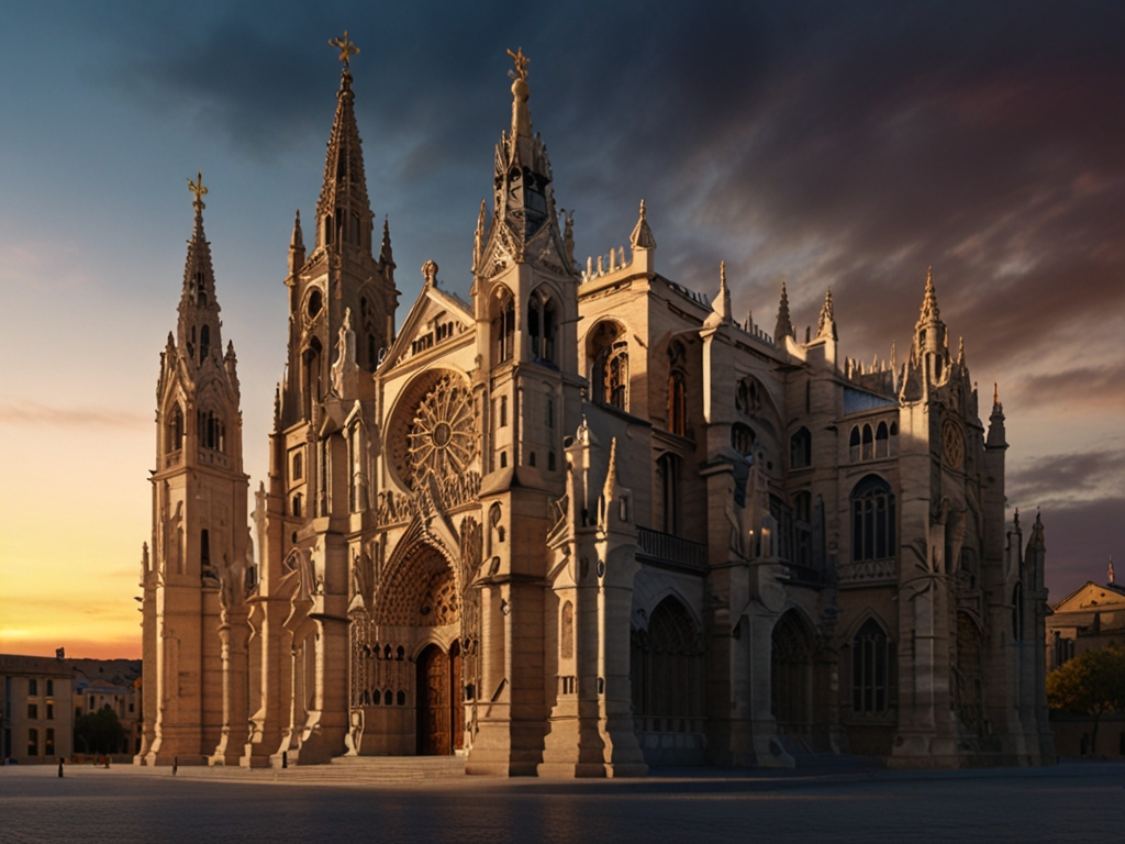 Medieval cities. Gothic medieval church with the sunset in the background