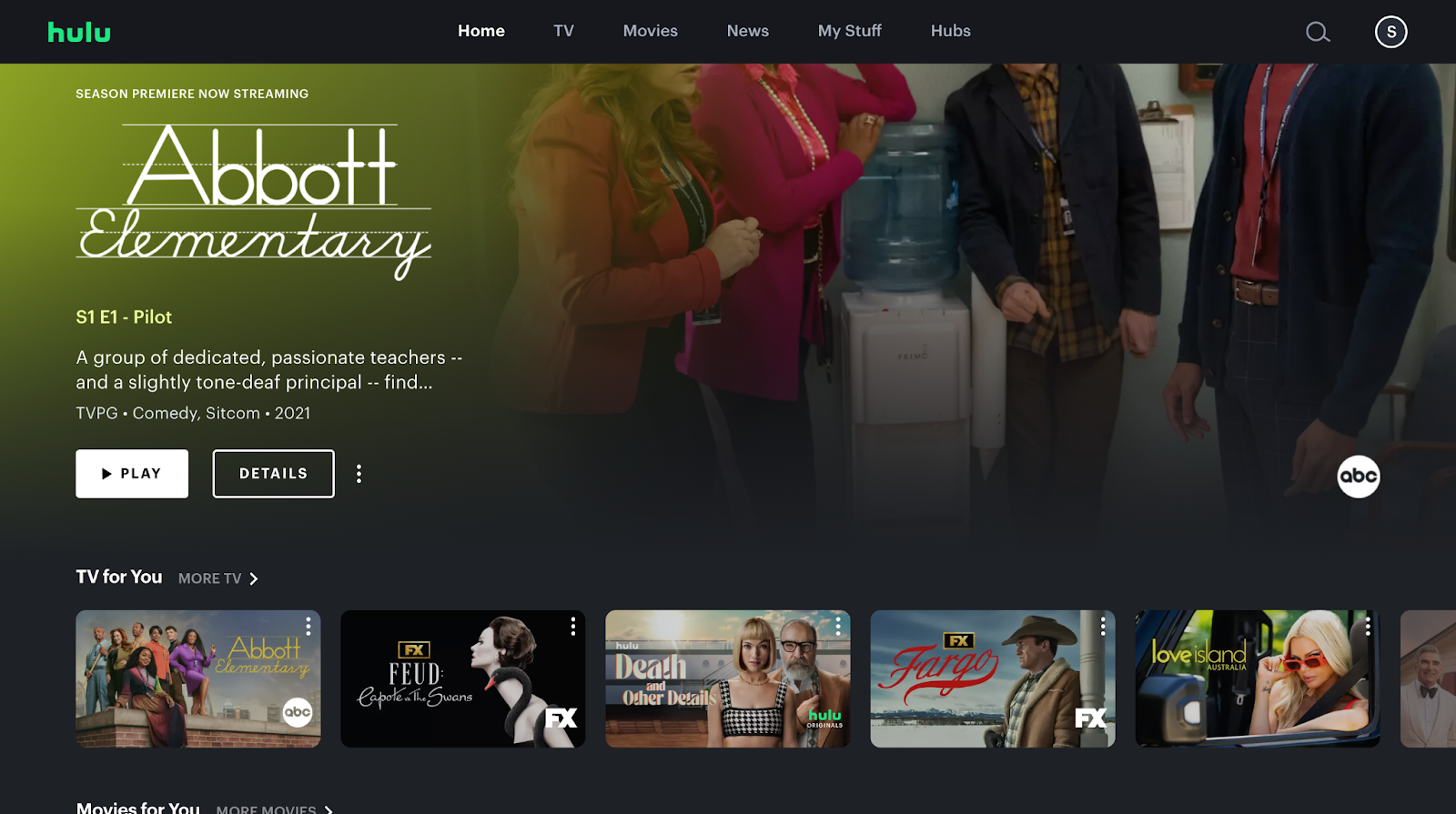 Hulu homepage featuring Abbott Elementary