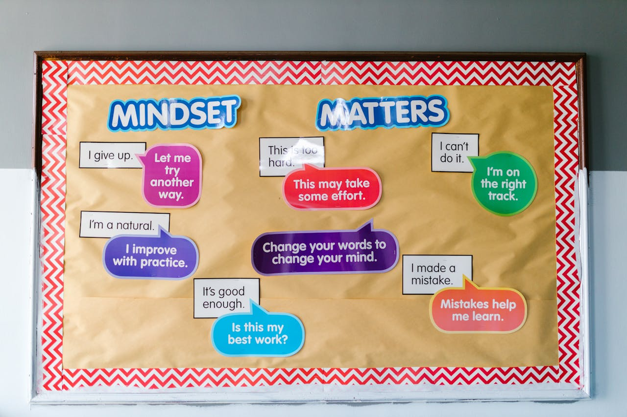 Mindset Matters board in the office of a certified mindset dimensions practitioner.