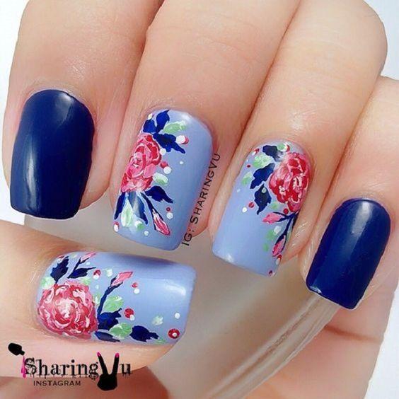 Blue Floral Nail Art