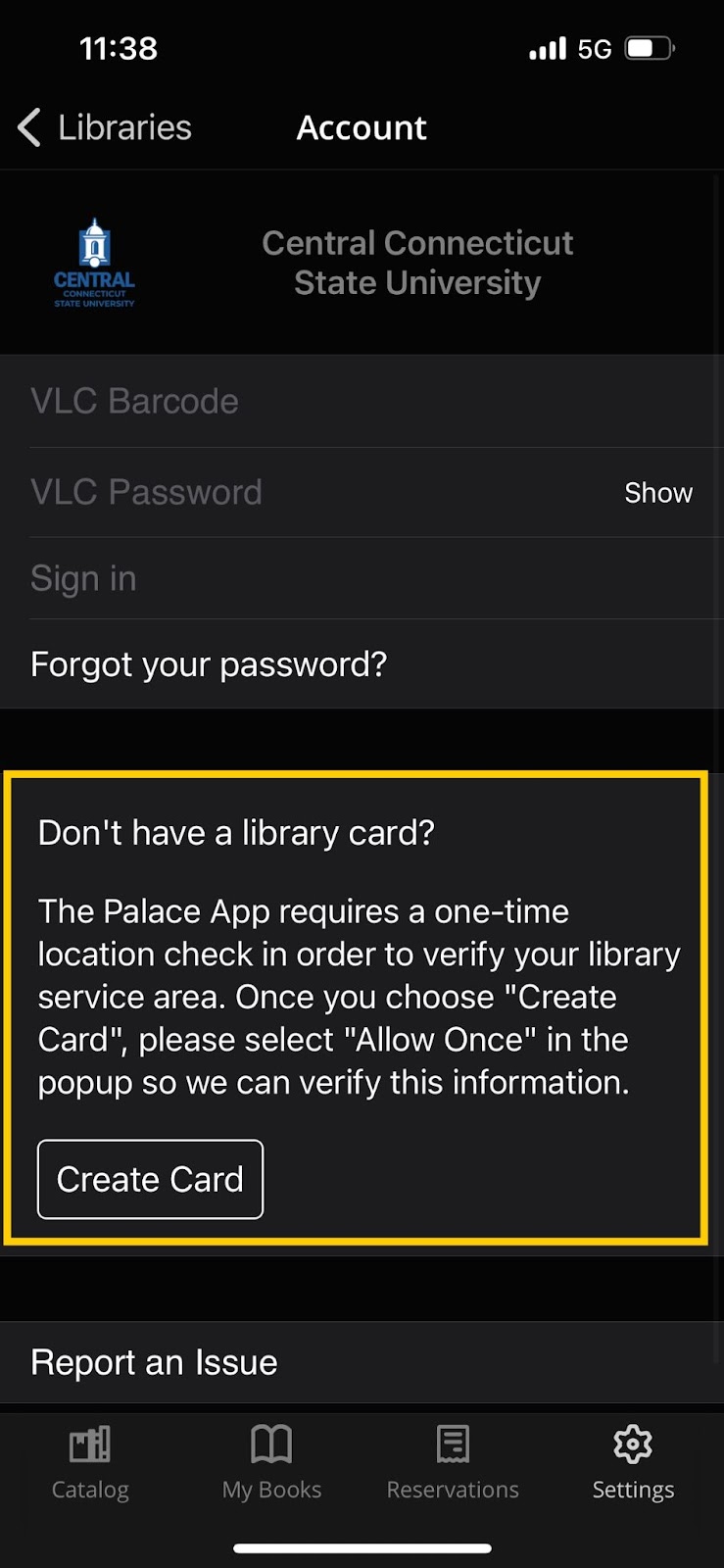 An image of the accounts setting page.  "Don't have a library card?" is highlighted.