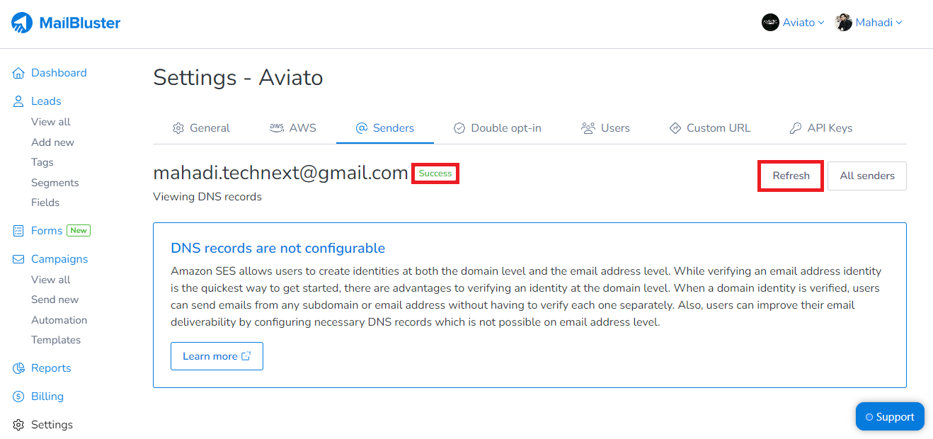 Email address verification success after Refresh