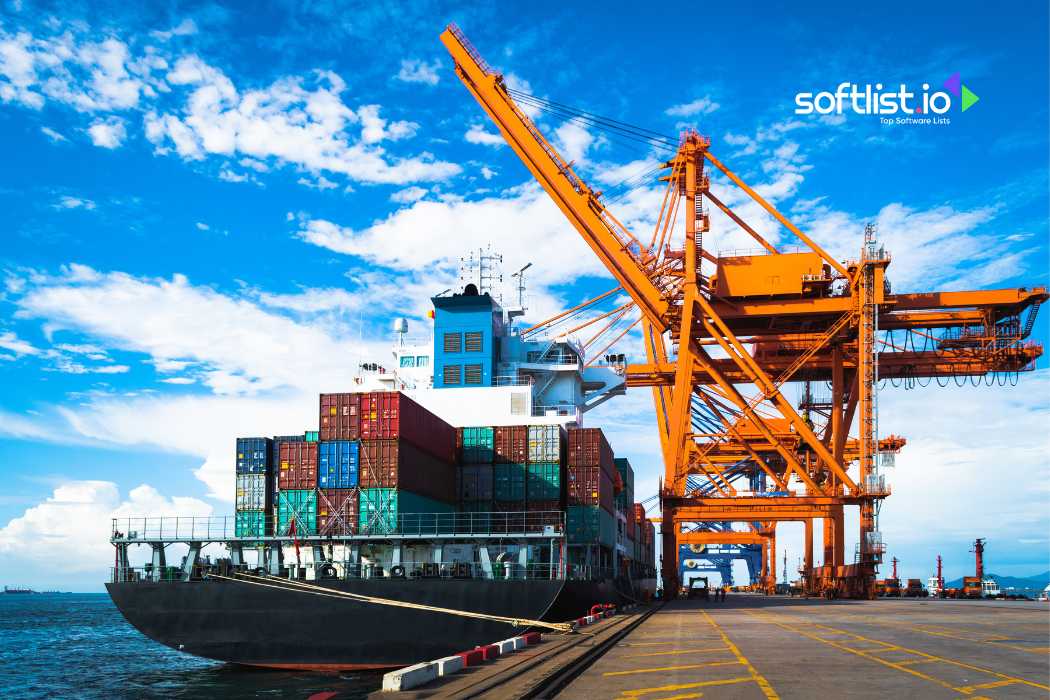 Large cargo ship with containers at a port under a blue sky