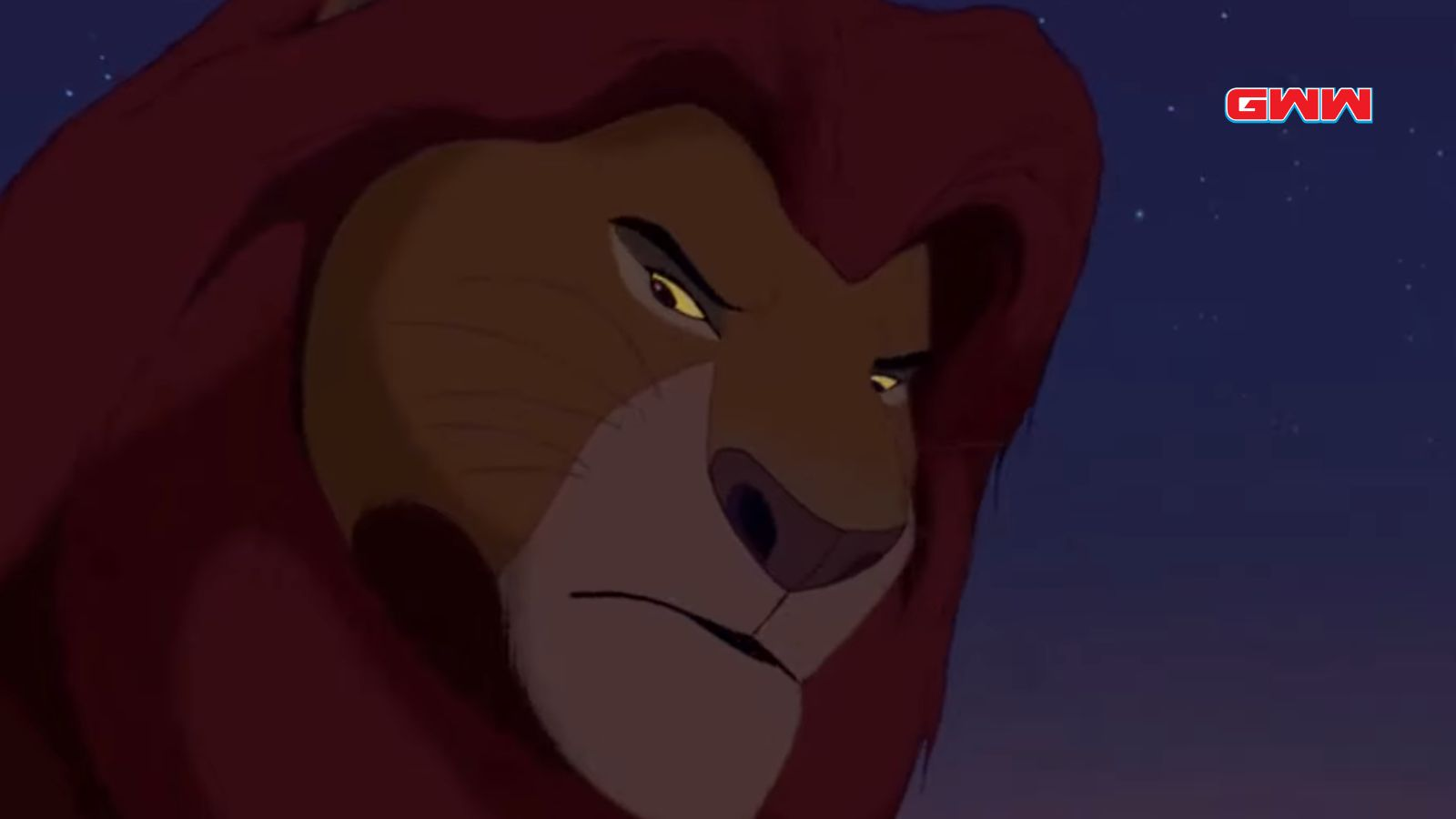 Mufasa mirando con desprecio a Simba porque le desobedeció.