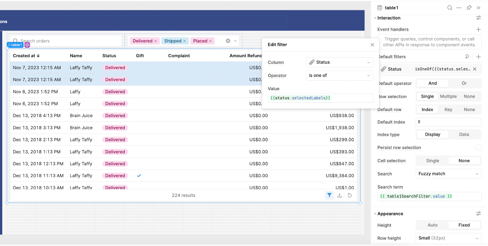 Filter settings for table component