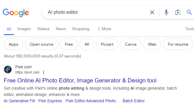 Pixlr as top search result for AI photo editor