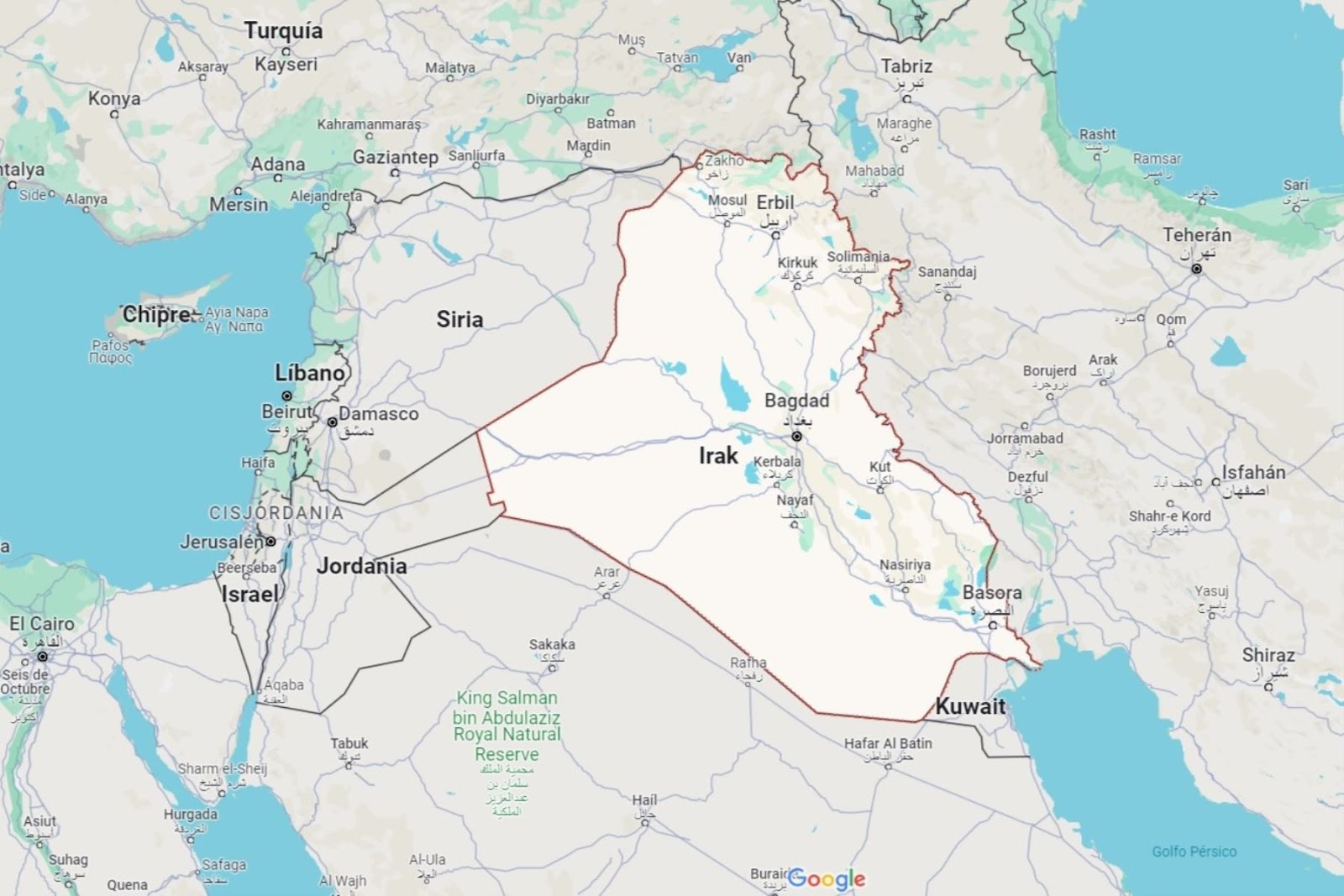 Mapa de localización de la ciudad de Bagdad, capital de Irak. Imagen: Google Maps.