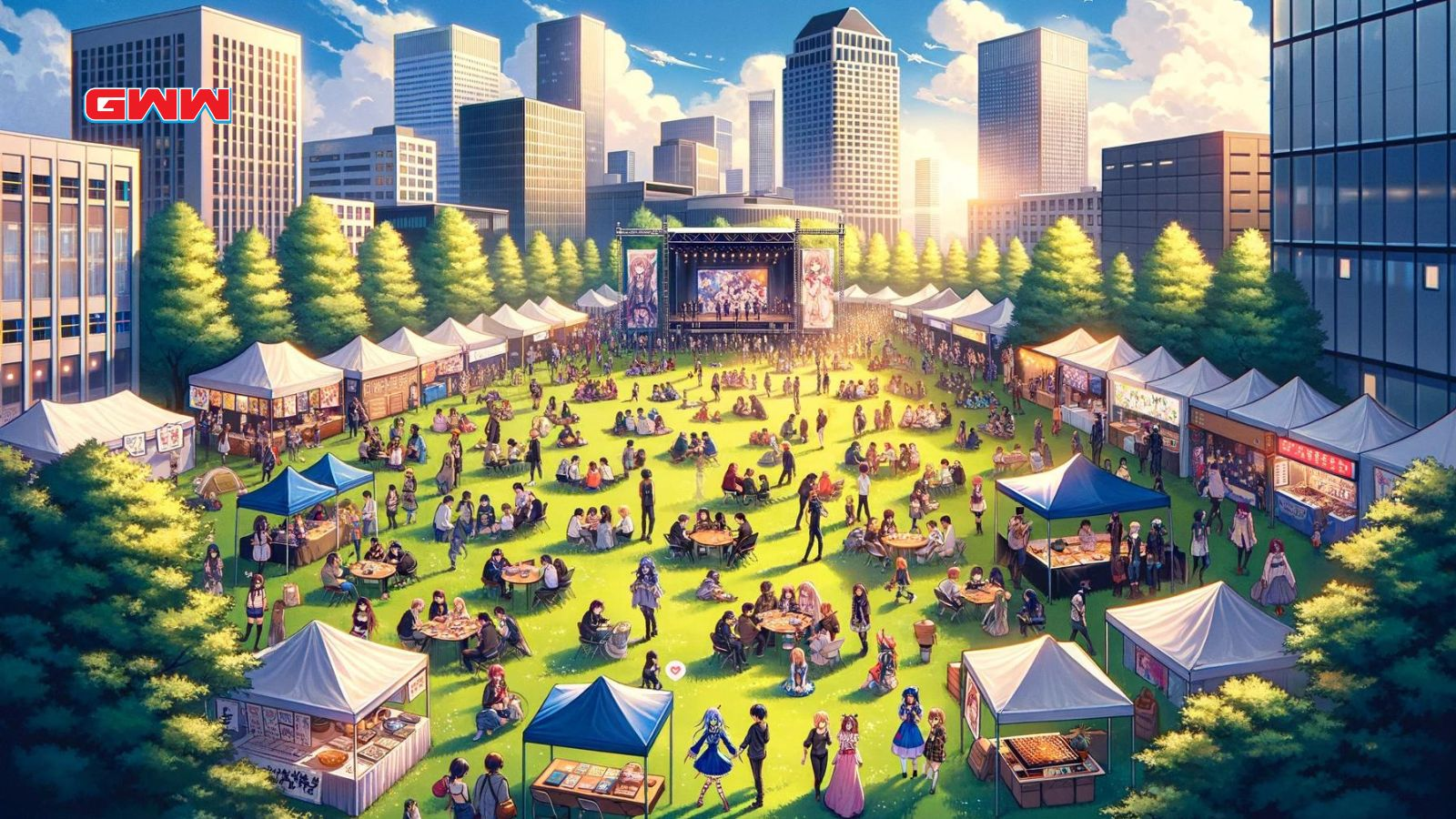 Urban anime event with stage and city backdrop