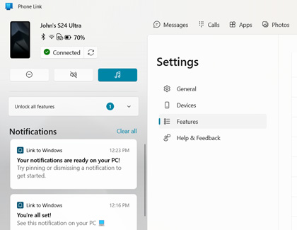 Phone Link app displaying Galaxy phone notifications on a PC