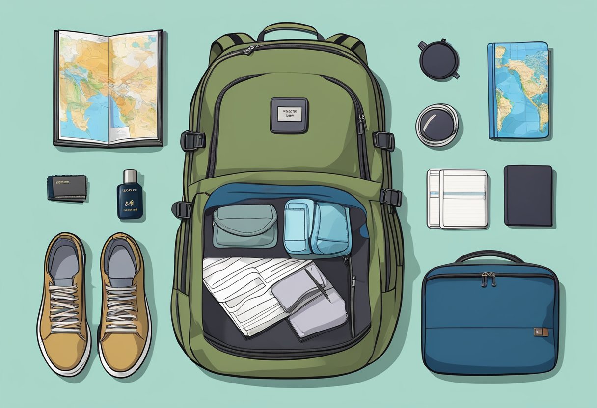 A compact backpack sits open, neatly packed with travel essentials. A passport, map, and compact clothing are visible