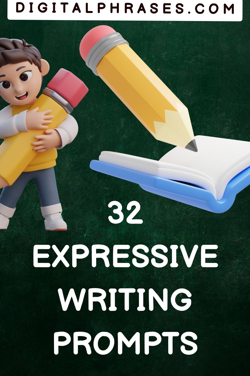 green background image with text - 32 expressive writing prompts