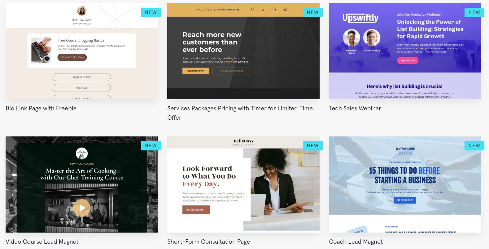 6 examples of landing pages (creatives), presented on Leadpages.