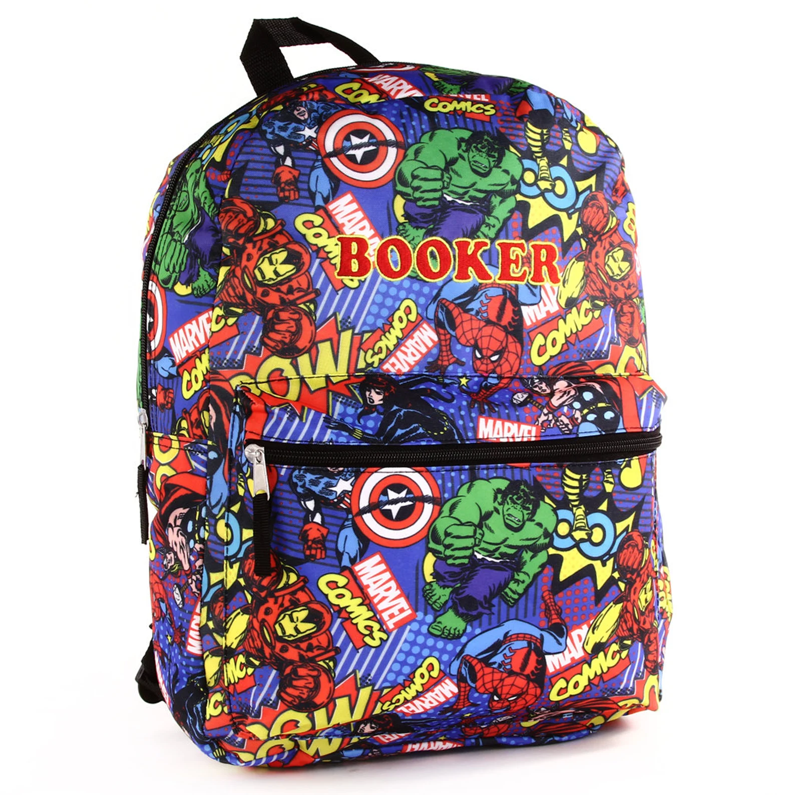 A backpack showing a collage of comic book characters from the MCU along with embroidered text that says Booker