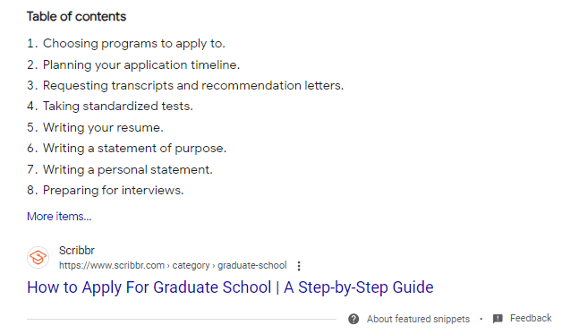 ordered list-style featured snippet example search for applying to grad school