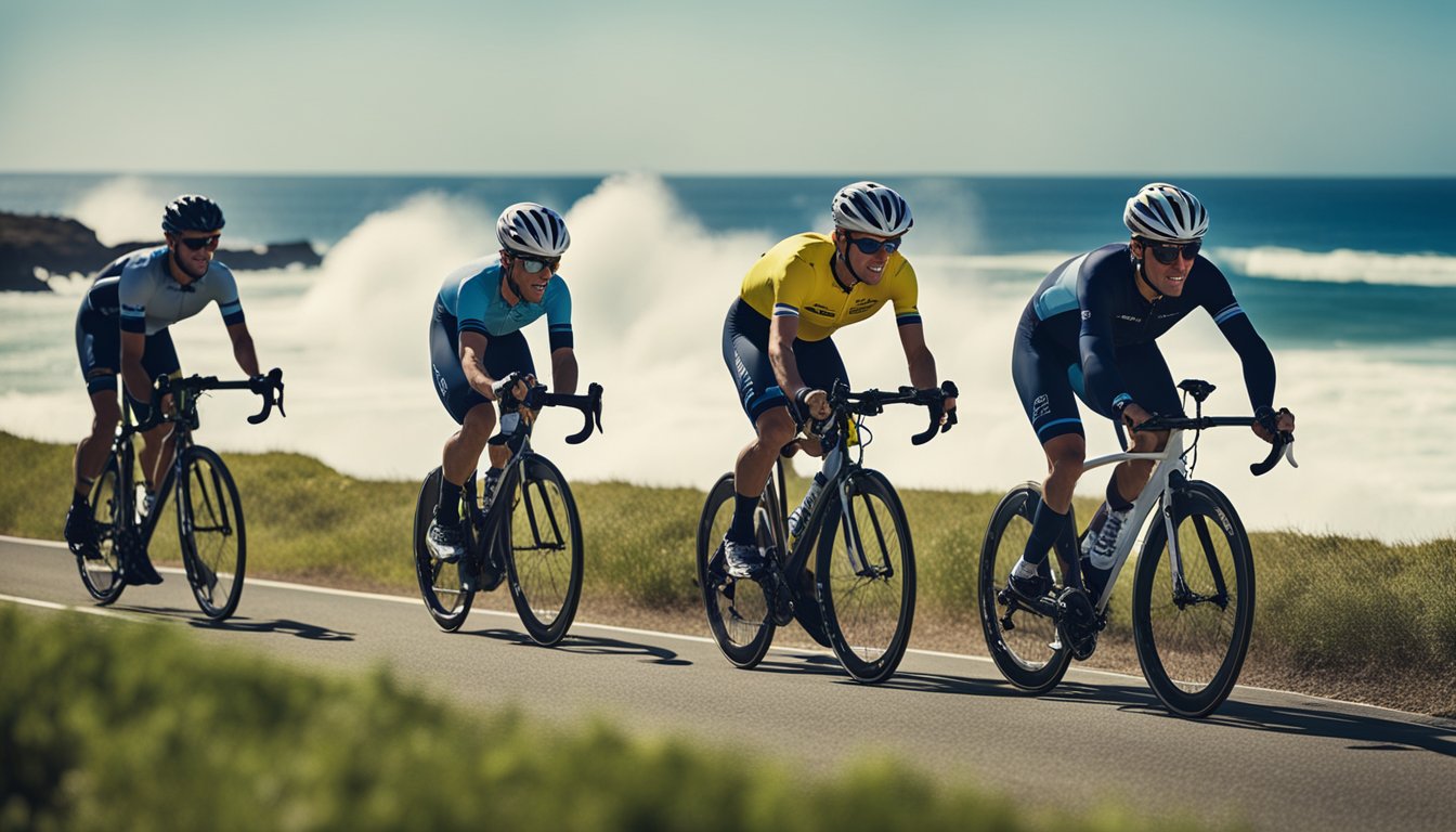 A group of Australian cyclists test out top road bike helmets in a sunny, coastal setting. Waves crash in the background as they ride along a scenic road