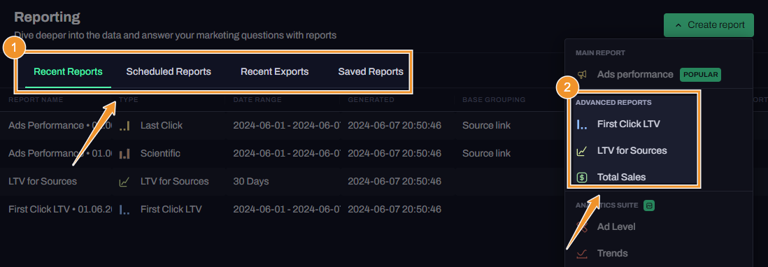 Hyros’ report hub includes the recent reports, scheduled reports, recent exports, and saved reports. You can also decide which attribution model you want to use for your main report.