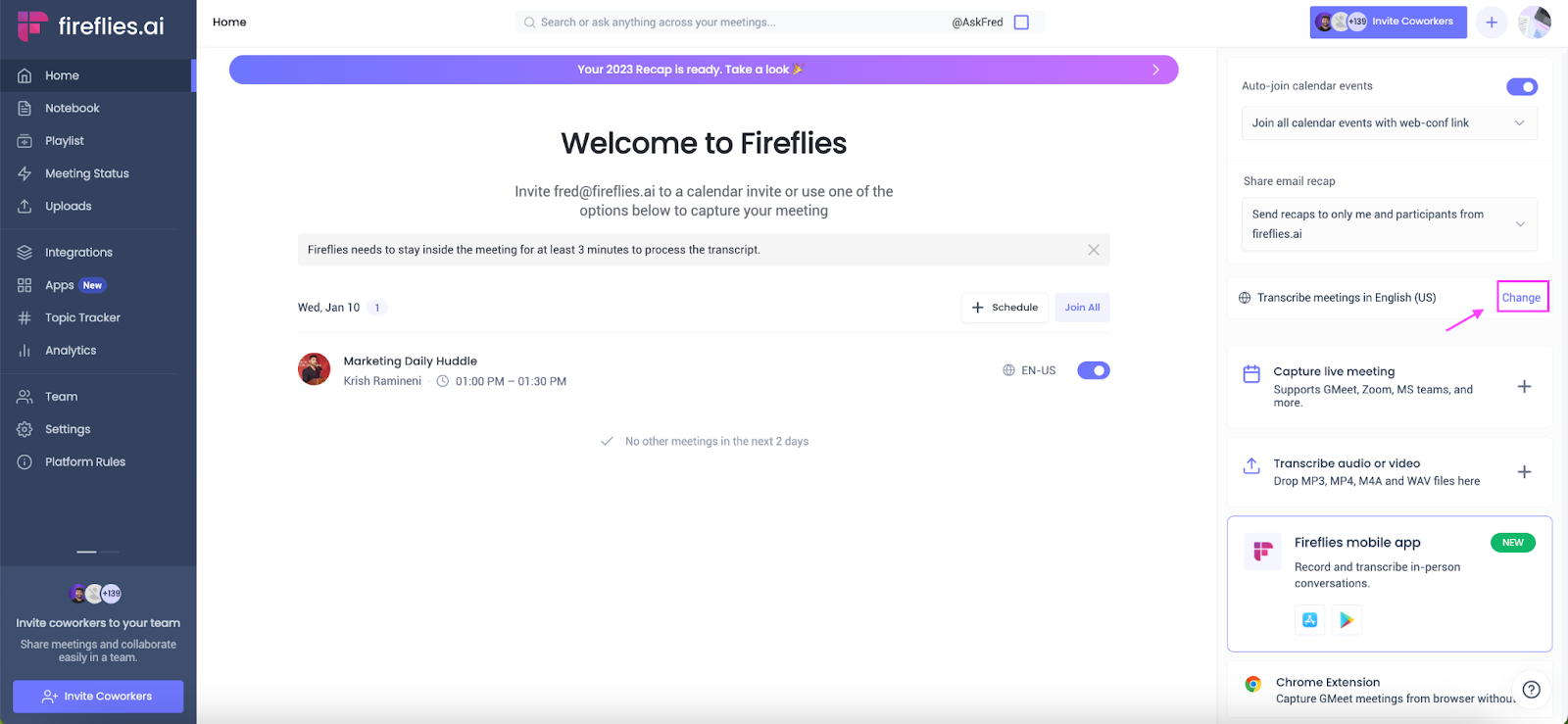 Creating SRT files using Fireflies software: Set your default language