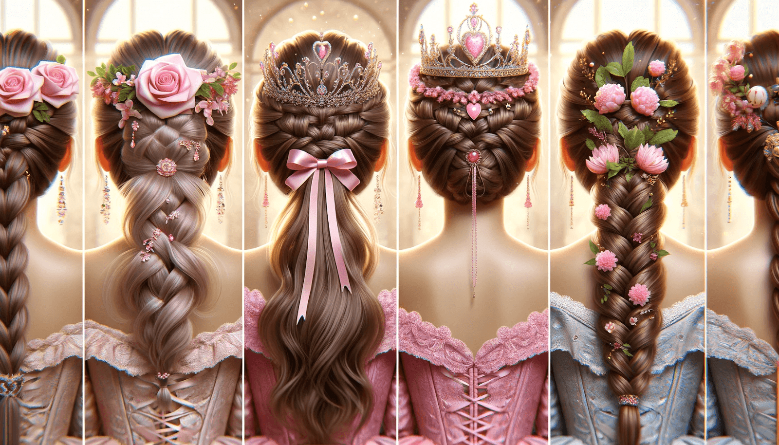 A Quinceanera tradition hairstyle with a collage of different hairs adorned with flowers