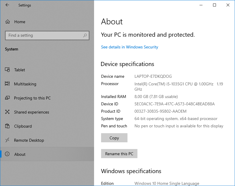 La sezione About nelle impostazioni di Windows che mostra le informazioni sull'hardware del PC