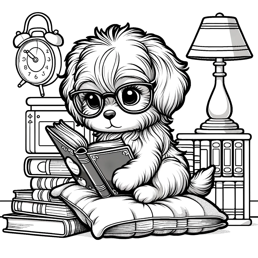 Uma cachorrinha com óculos de leitura