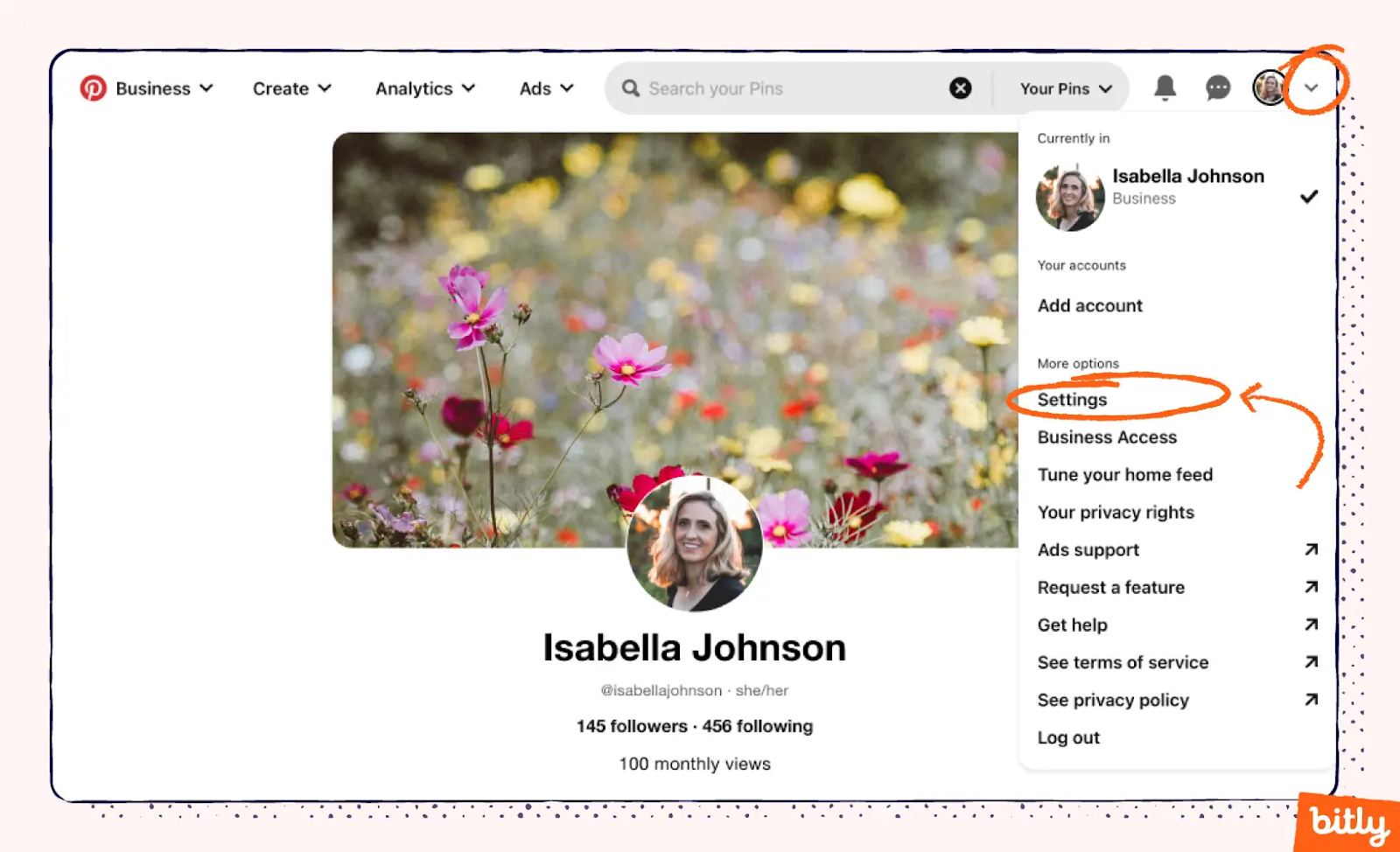 An example of where to find Settings on the right sidebar of the Pinterest site
