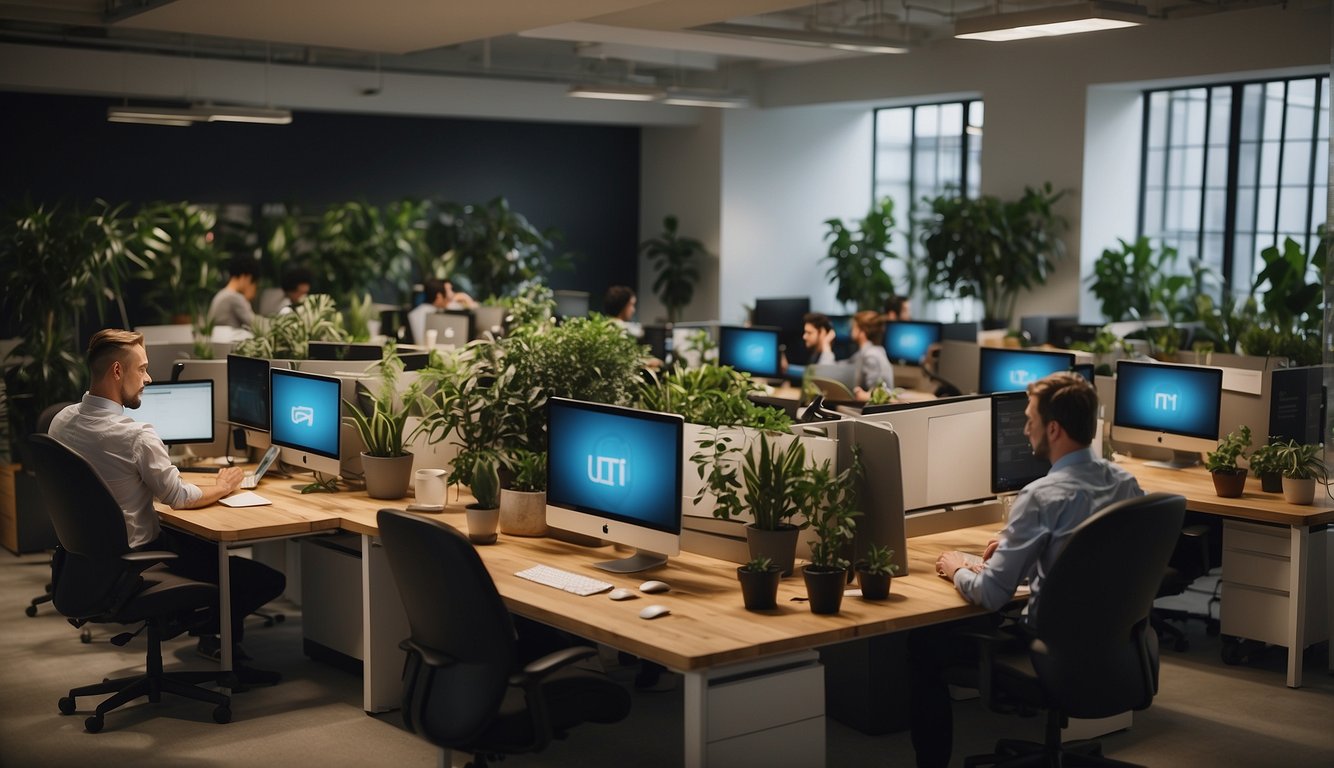 People working in a shared space, using desks and computers, collaborating and networking. Plants and natural light create a comfortable and productive atmosphere