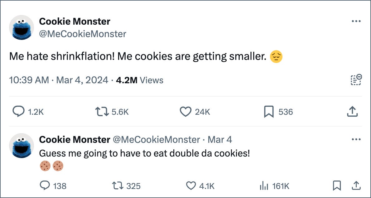 A screenshot of a tweet from the official Cookie Monster account, reading "Me hate shrinkflation! Me cookies are getting smaller."