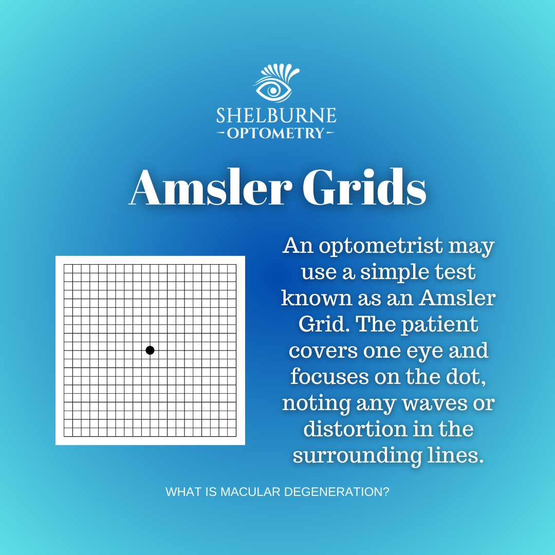 Amsler Grids - An optometrist may use a simple test known as an Amsler Grid. The patient covers one eye and focuses on the dot, noting any waves or distortion in the surrounding lines.