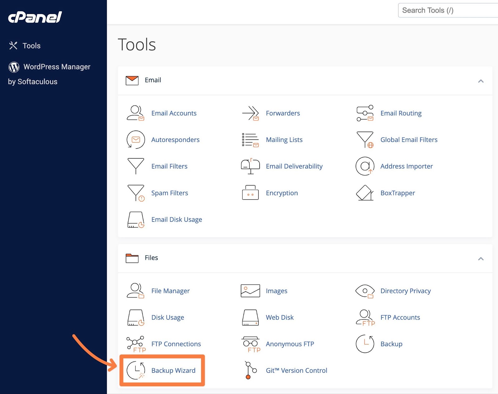 How to open the cPanel Backup Wizard tool.