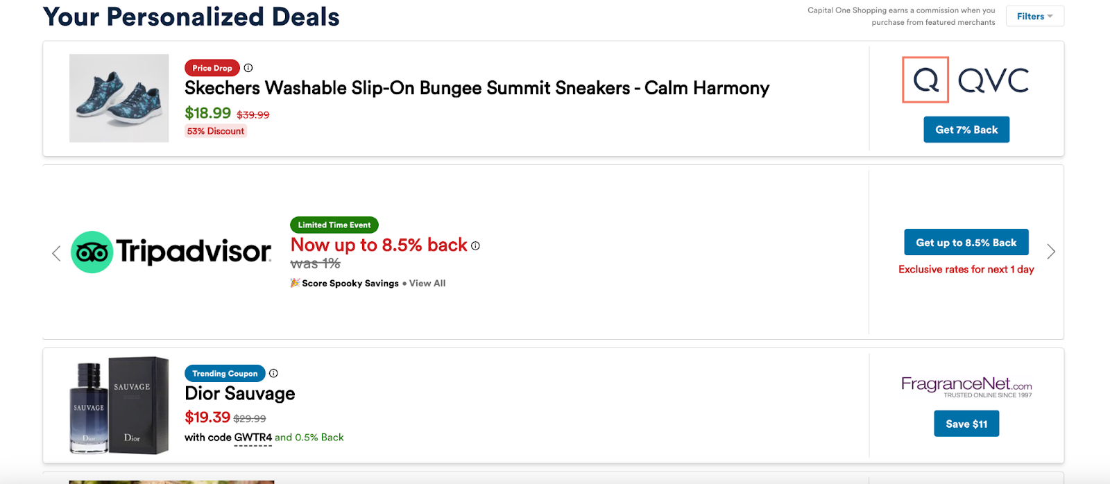 Screenshot of personalized deals on Capital One Shopping