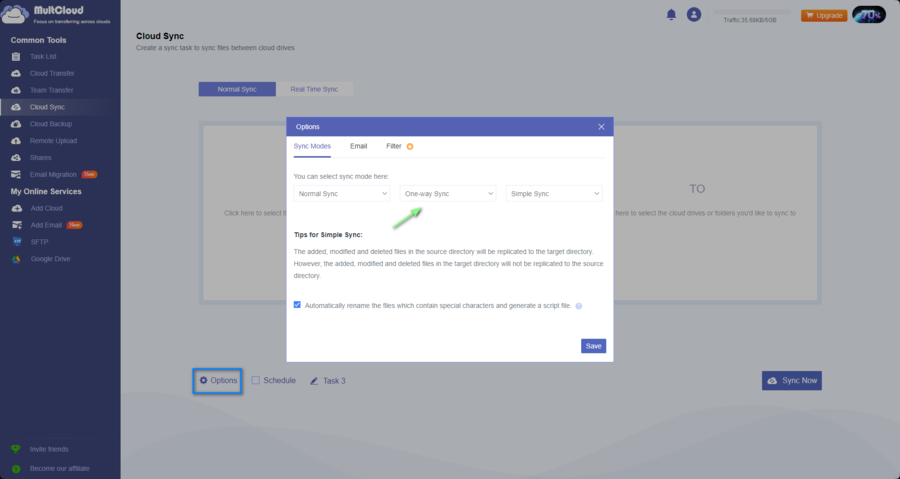 choose your sftp google drive sync type in multcloud