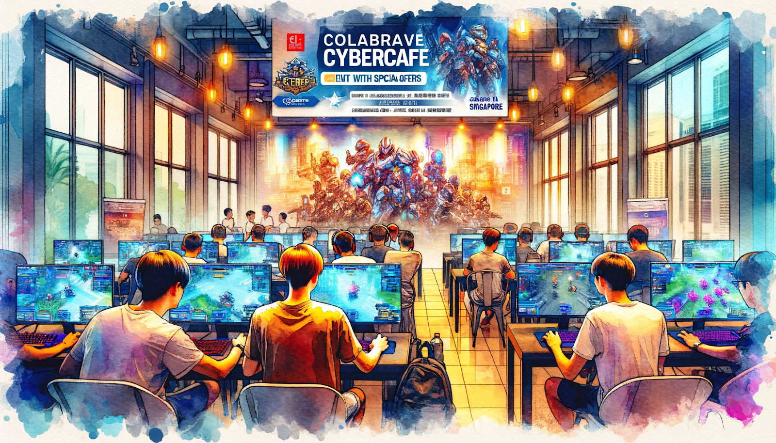 A cybercafe in Singapore showcasing a collaborative gaming event
