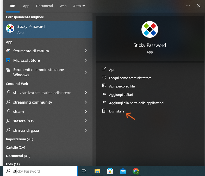 disinstalla Sticky password
