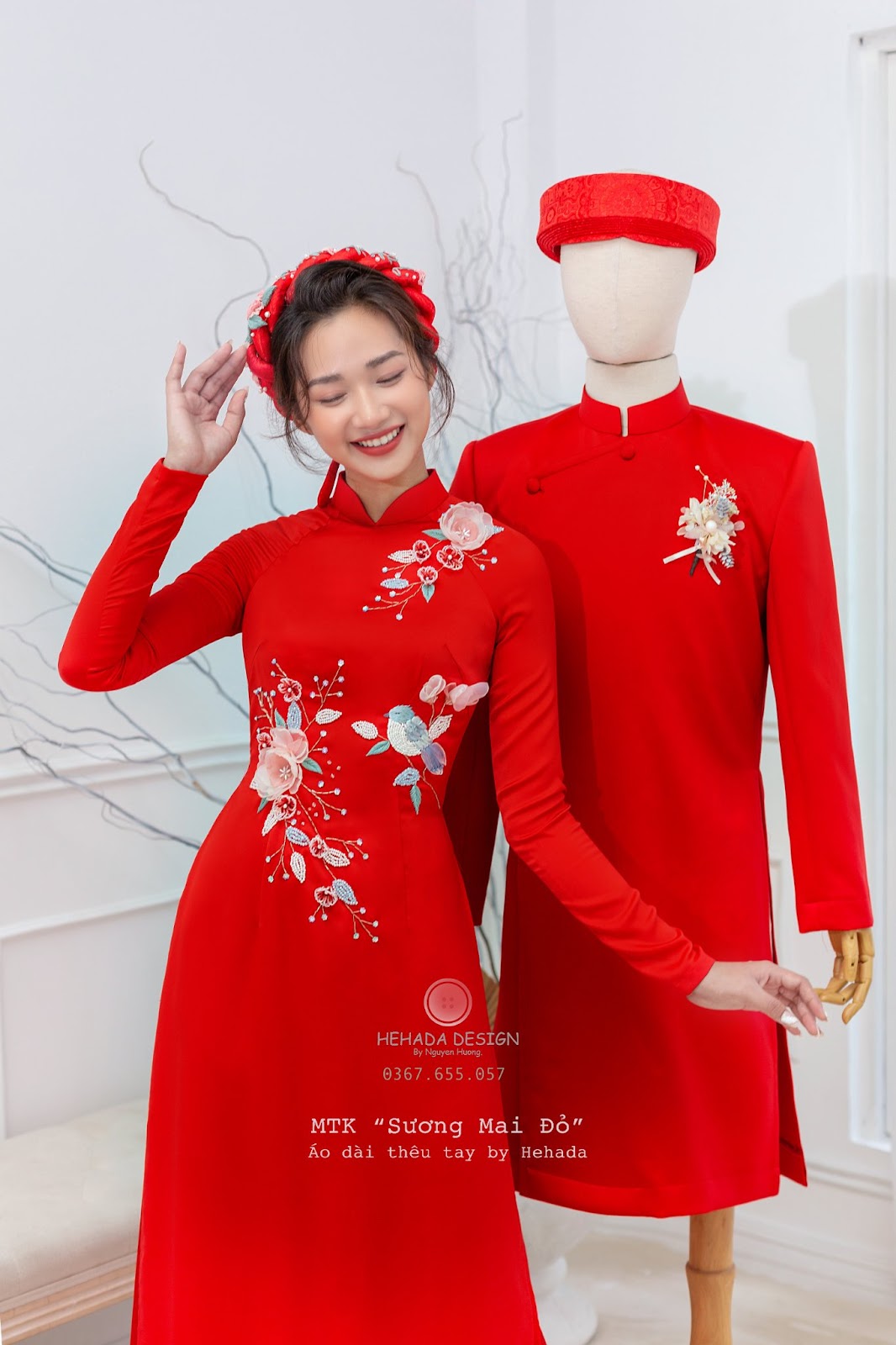 Cặp áo dài cưới Sương Mai Đỏ cho dâu rể