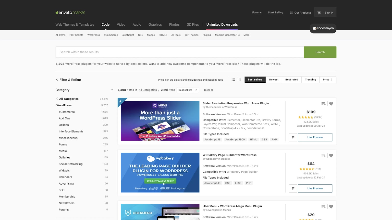 CodeCanyon website screenshot with 5000+ WordPress plugin options shown under the "Code" tab sorted by "Best sellers." 