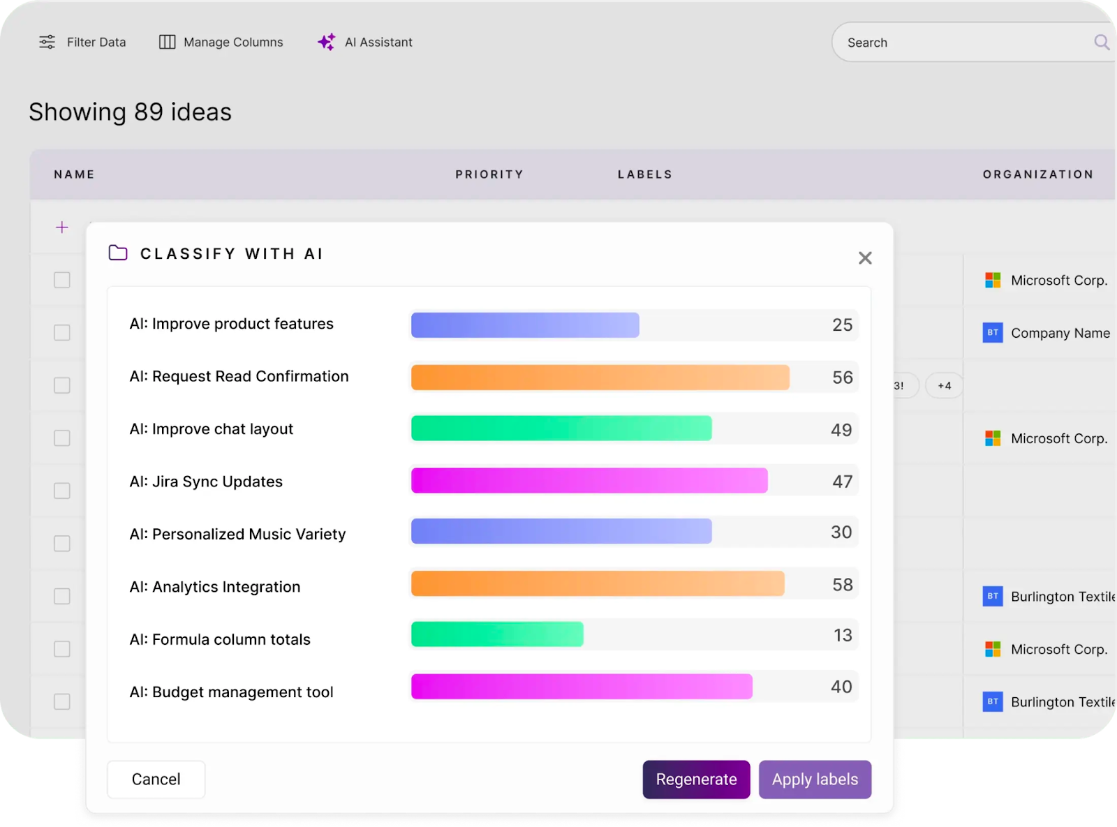 Illustration depicting Chisel AI's ability to automatically classify external and internal feedback with relevant tags, streamlining the organization of product insights at scale without manual effort.