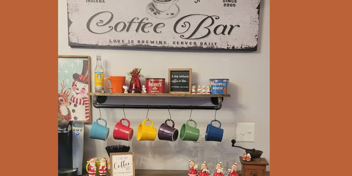 A home coffee shelf with hanging mug hooks