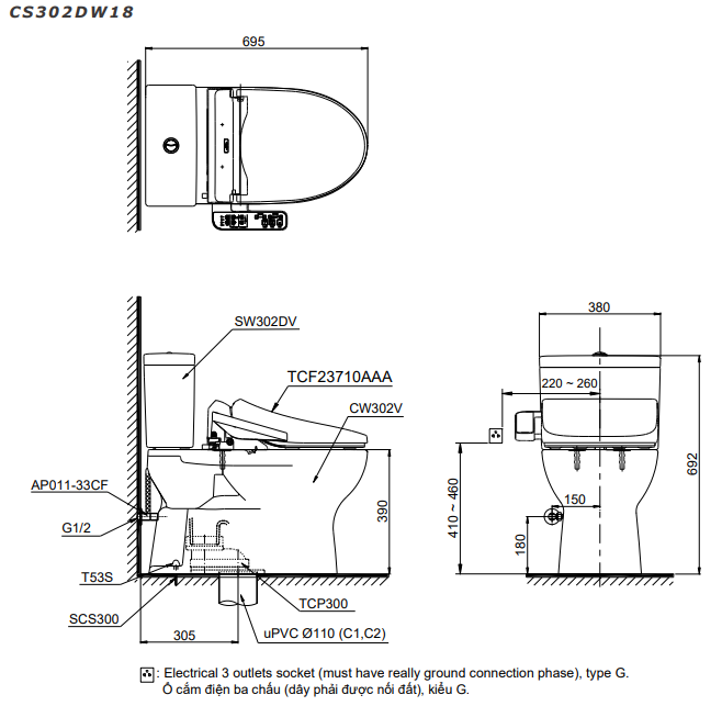 Bản vẽ kỹ thuật bàn cầu hai khối kèm nắp rửa điện tử WASHLET dòng C2 cơ bản CS302DW18