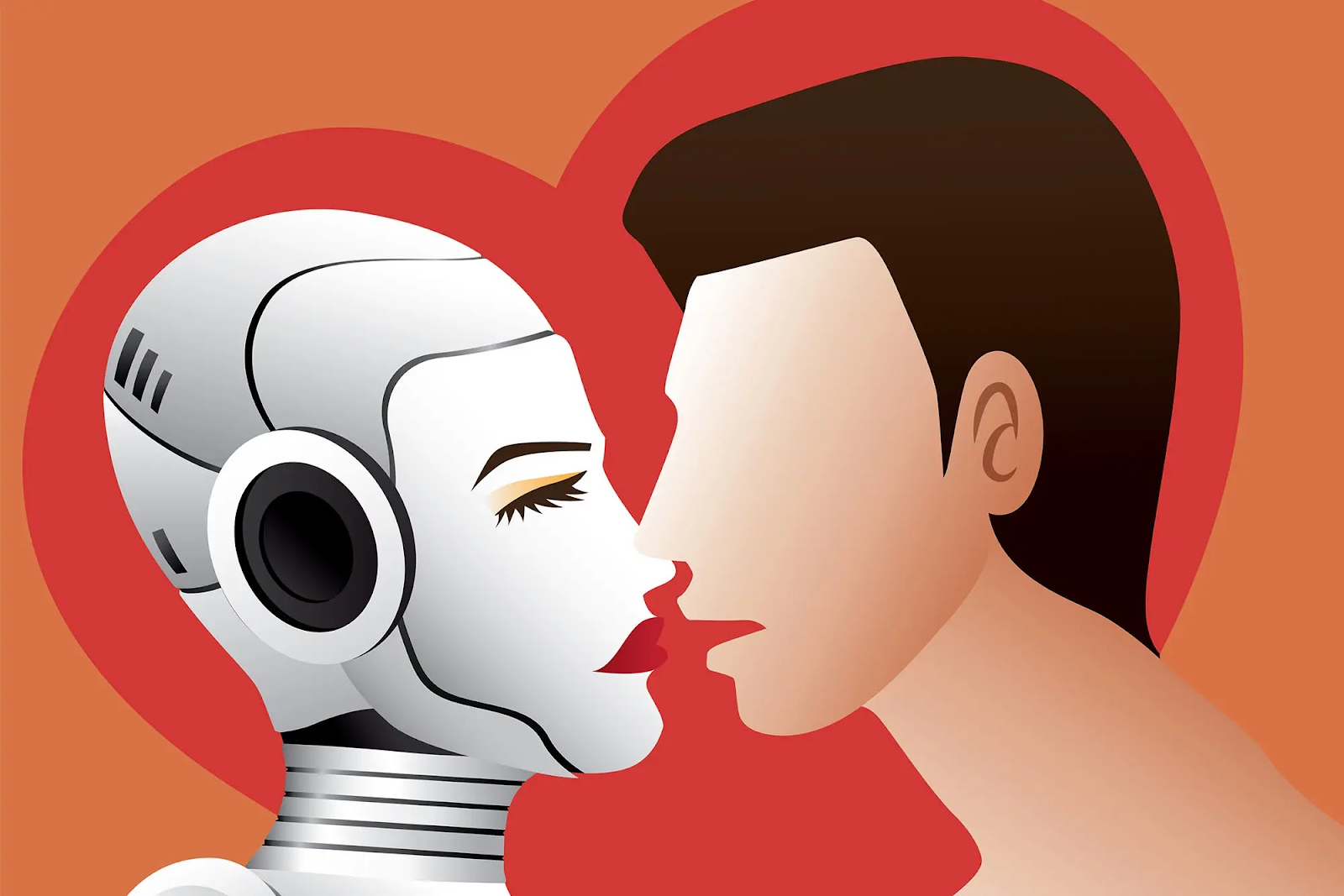 An illustration of a robot and man kissing