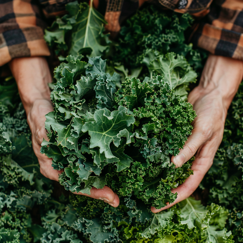 Human hands holding a bunch of raw kale.