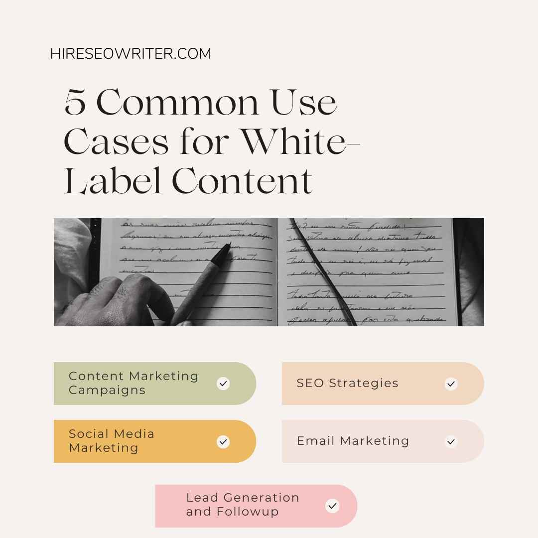 5 Common Use Cases for White Label Content
1.  Content Marketing Campaigns
2. SEO Strategies
3. Social Media Marketing
4. Email Marketing
5. Lead Generation and Followup
