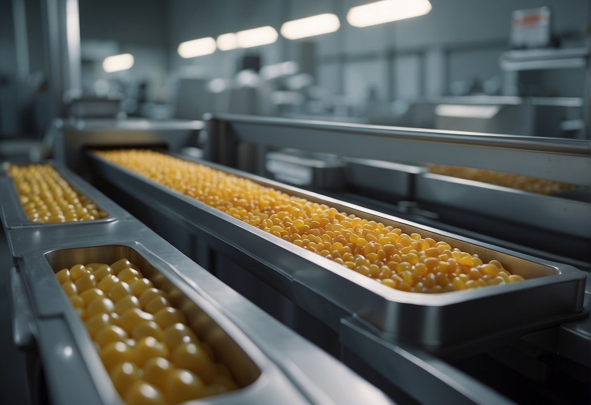 Machinery molds and shapes various types of candy on a conveyor belt in a brightly lit factory setting. Ingredients are mixed and poured into molds before being packaged for distribution