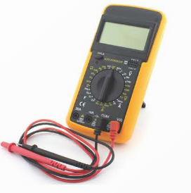 A yellow and black digital multimeter

Description automatically generated