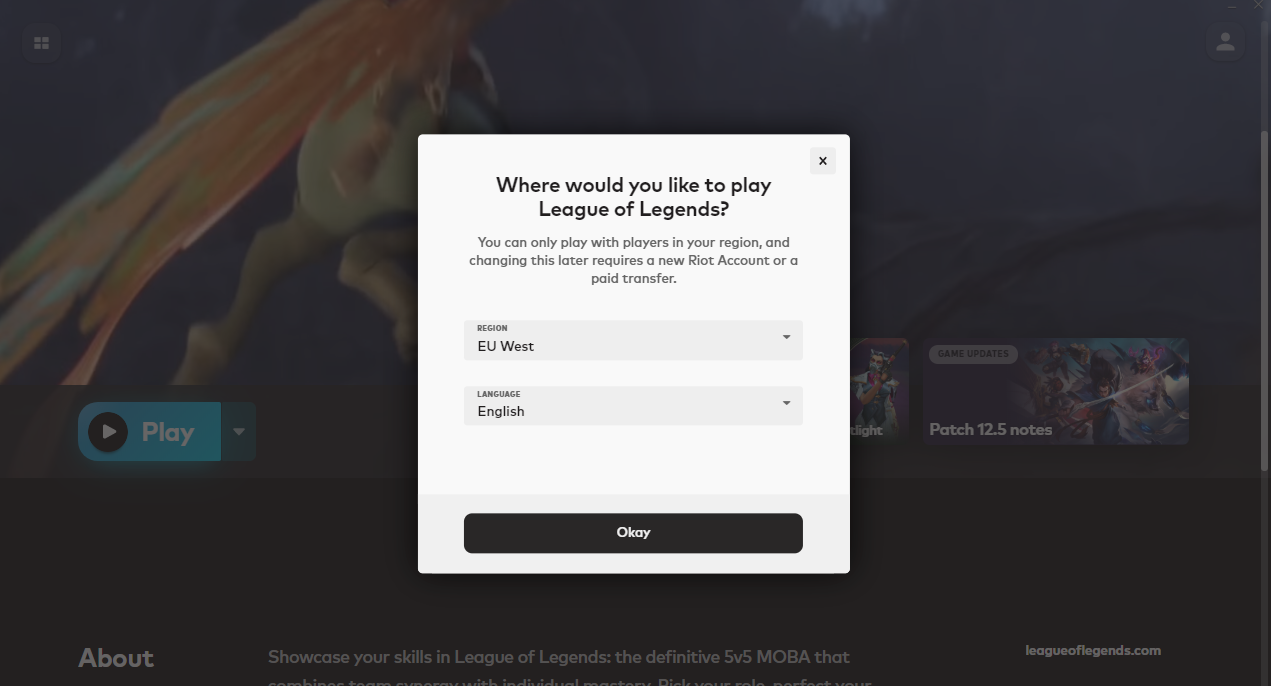 Schermata della selezione della regione di League of Legends sull'app client
